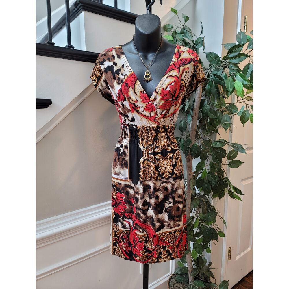 Cristinalove Dress Womens Large Brown Red Floral Print V Neck Short Sleeve